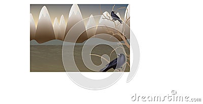 Crows sit on a tree in background mountains Vector Illustration